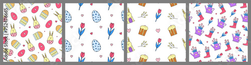 Set of seamless patterns with doodle Easter icons.