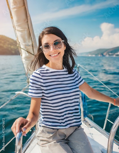  beautiful young cheerful woman on a yacht in the © Marko