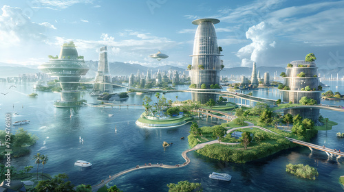 Futuristic Eco-Friendly Waterfront City with Advanced Green Buildings, Lush Island Parks, and Clean Energy Transportation on a Bright Sunny Day.