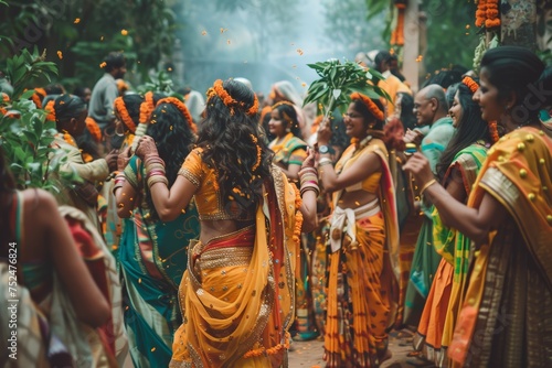Cultural festival in India, people dressed in colorful attire, Women in vivid traditional attire celebrate, marigolds adorning hair, creating festival of colors. cultural tapestry alive with tradition