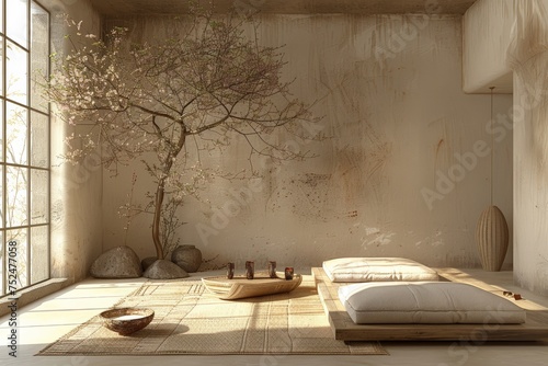 Sparse Japanese living room, wabi-sabi aesthetics, Sunlight spills into a serene, minimalist bedroom with rustic walls, showcasing a natural vibe with its earthy textures and a tranquil ambiance.