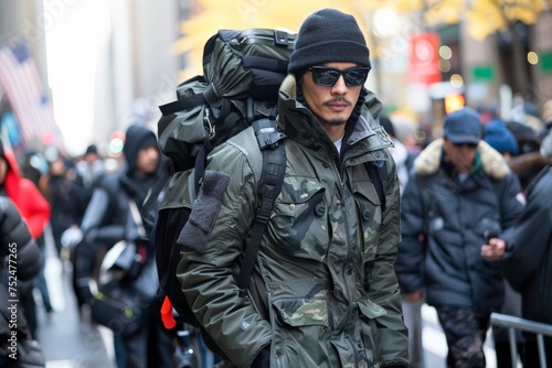Man in camouflage gear carries hefty backpack through bustling city street, alert in winter ambience. Urban traveler navigates through crowded cityscape, clad in military-inspired attire and prepared © Thaniya