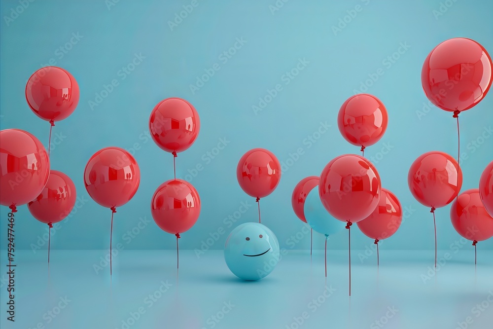 Creative fun concept of colorful helium balloons, blue and red balloons in the minimal light room Creative fun concept of colorful helium balloons, blue and red balloons in the minimal light room