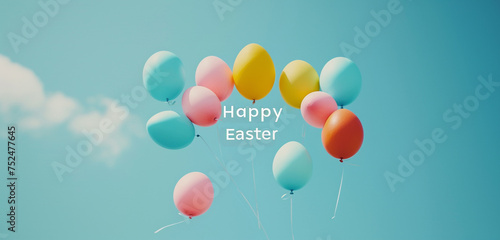 A photo text of the word "Happy Easter" on a solid sky blue background