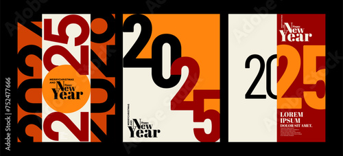 2025 colorful set of Happy New Year posters. Abstract design typography logo 2025 for vector celebration and season decoration, backgrounds, branding, banner, cover, card and or social media template.