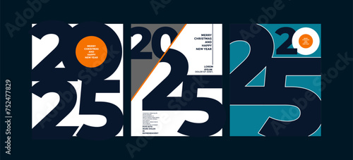 2025 colorful set of Happy New Year posters. Abstract design typography logo 2025 for vector celebration and season decoration, backgrounds, branding, banner, cover, card and or social media template.