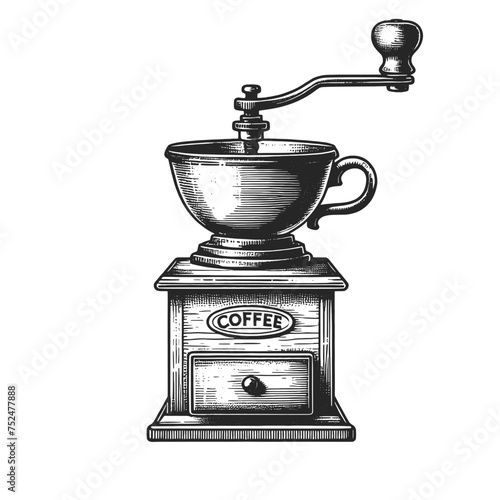 Vintage manual coffee grinder, ideal for coffee enthusiasts and historical kitchenware themes sketch engraving generative ai vector illustration. Scratch board imitation. Black and white image.