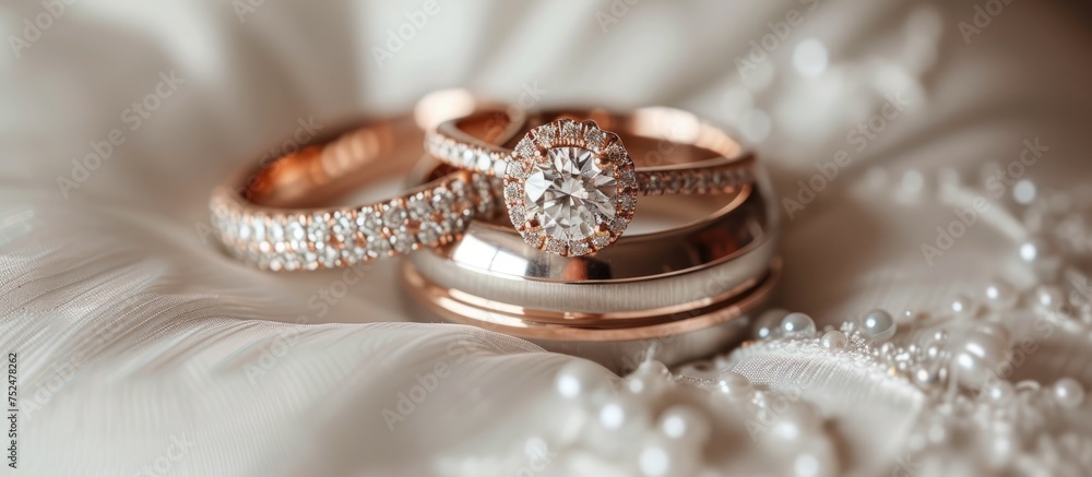 Elegant wedding rings resting on delicate white feather, symbolizing love and unity Elegant wedding rings resting on delicate white feather, symbolizing love and unity