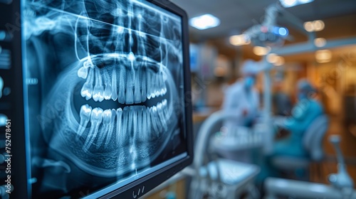 Panoramic x-ray imaging of the jaw and teeth displayed on a high-resolution computer monitor in a modern and well-equipped dental clinic, showcasing advanced dental technology and patient care.