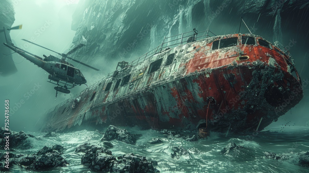 A study of a shipwreck that sank in ocean waters, showing the remains