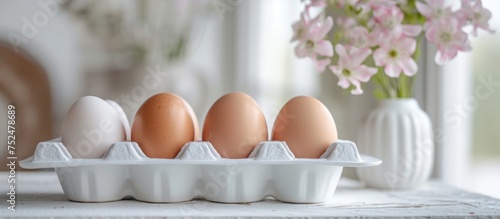 Fresh eggs in a ceramic container on a rustic wooden table in the kitchen photo