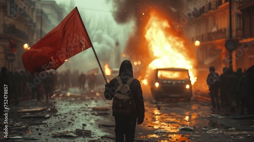 Emerging against the backdrop of chaos, a man waves a flag amidst a burning car and swelling protests, embodying the civil unrest and governmental resistance.