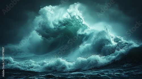 A powerful depiction of a large wave crashing in the ocean, showcasing the raw energy and force of nature