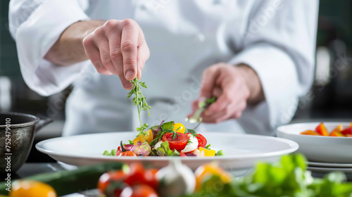 Chef cooking vegetable salad before serving in a restaurant close-up