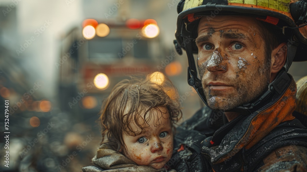 Displaying bravery and urgency, a firefighter rescues a scared child from a burning structure, highlighting the heroism in the face of danger.