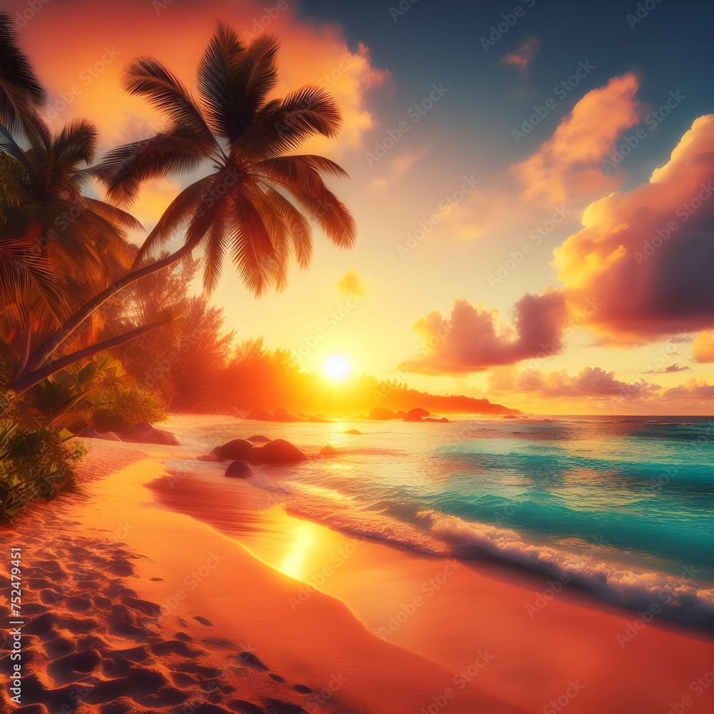Tranquil Beach Scene with Vibrant Palm Trees Under a Dreamy Sunset Sky