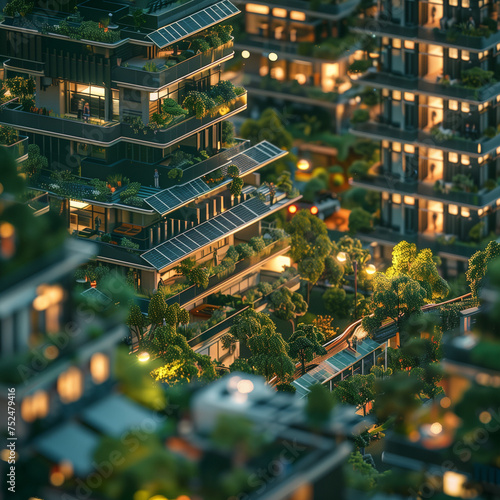Detailed Visualization of a Sustainable Urban Residential Area with Green Terraces, Solar-Powered Buildings, and Vibrant Community Spaces at Dusk in a Concept of Eco-Friendly Living