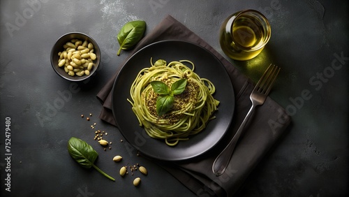 Pasta al pesto recién hecha para restaurante gourmet. Espaguetis caseros de color verde con aceite de oliva y albahaca. Receta gourmet. 