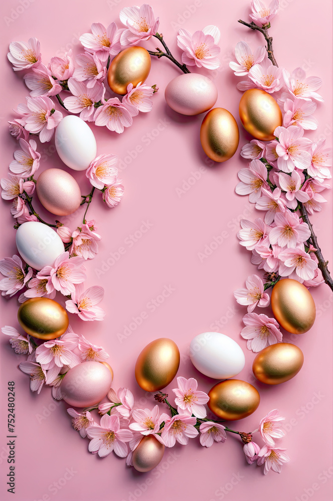 Easter holiday frame, golden and white eggs and cherry blossom branches on a pink background,Flat lay, copy space Easter holiday frame, golden and white eggs and cherry blossom branches on a pink background,Flat lay, copy space