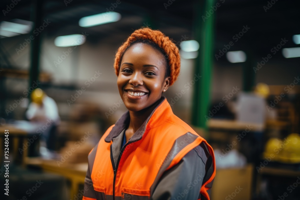 Fototapeta premium Portrait of a smiling young woman working in warehouse