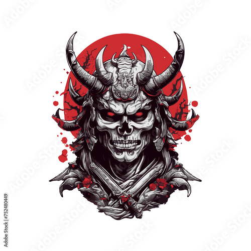 horned red demon samurai skull, t-shirt illustration, icon, sticker, tattoo, etc © ZUHRI