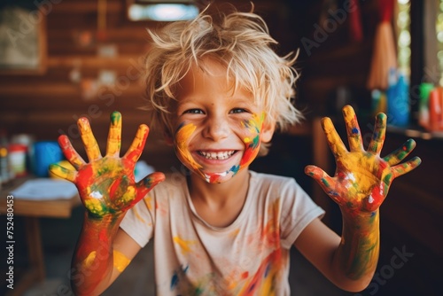 Smiling Caucasian kid with paint on hands and face