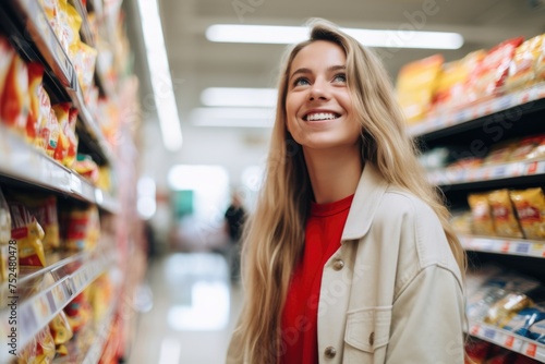 Portrait of a smiling young woman browsing in a supermarket