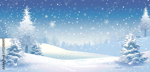 A snowy Christmas landscape with a clear, star-filled sky, the ground and trees blanketed in snow, snowflakes adding to the serene beauty © Lucifer
