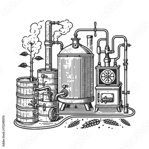 Beer brewing process factory equipment with beer brewing elements and grains. Sketch engraving generative ai vector illustration. Scratch board imitation. Black and white image.