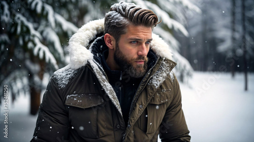 A man with a beard and a parka jacket stands in a snowy forest