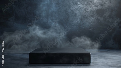 Black Mock Up Platform with Mysterious Smoke and Dark Background