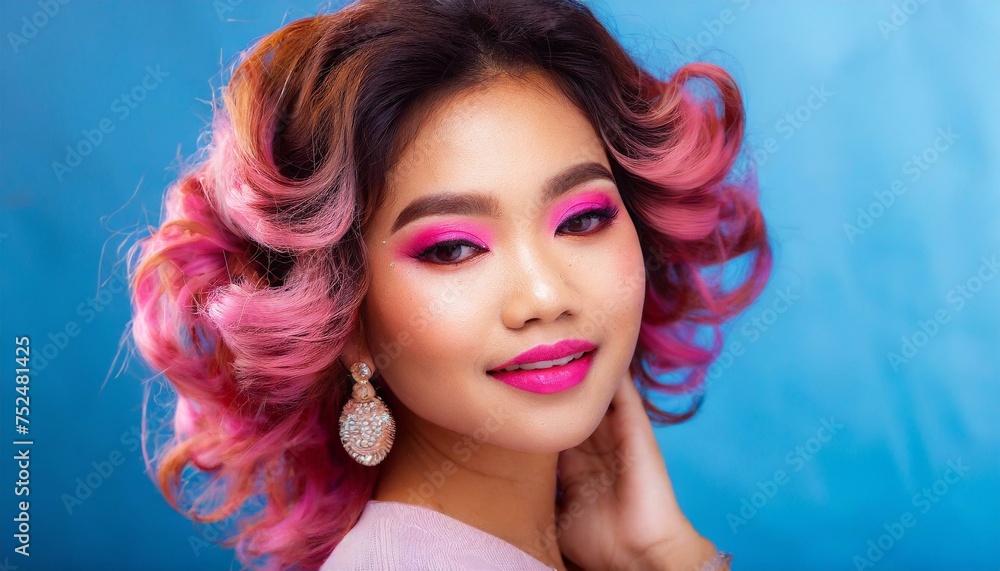 Beautiful beauty or fashion portrait of a woman with makeup with pink curly hair on a beautiful blue background Beautiful beauty or fashion portrait of a woman with makeup with pink curly hair on a beautiful blue background