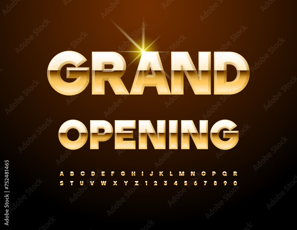 Vector elite icon Grand Opening. Exclusive Gold Font. Trendy Alphabet Letters and Numbers set.