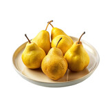 Juicy delicious pears lies on beautiful plate isolated on Transparent background.