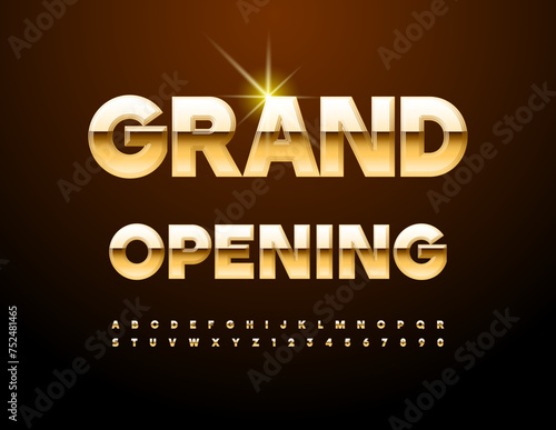 Vector elite icon Grand Opening. Exclusive Gold Font. Trendy Alphabet Letters and Numbers set.