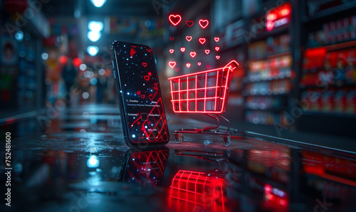 Smartphone with virtual shopping cart and social media icons floating above screen, representing online shopping and digital consumer engagement photo