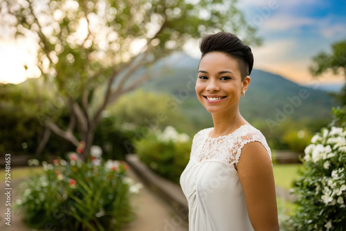radiant woman with a stylish pixie haircut photo