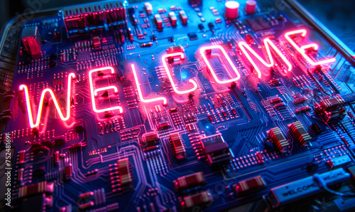 Futuristic neon WELCOME sign on a vibrant blue circuit board backdrop, representing digital hospitality, technology acceptance, and an inviting entrance to the tech world