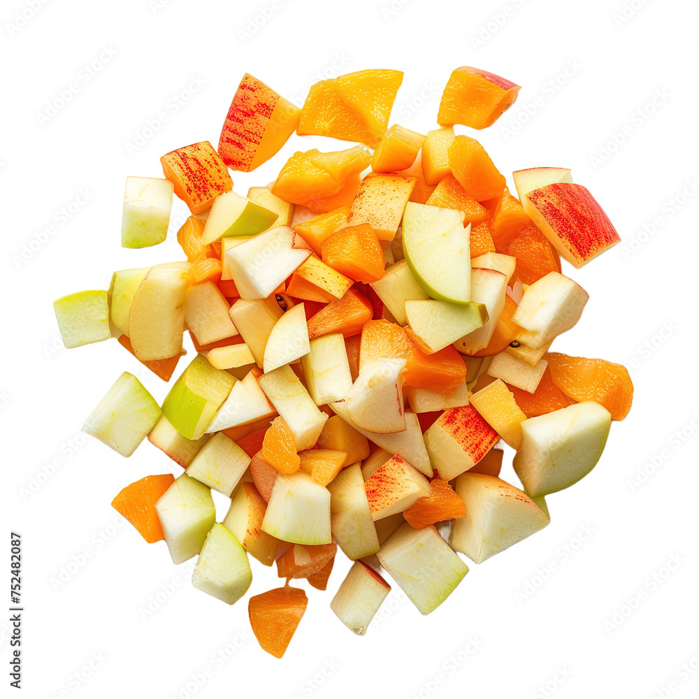 Top view of diced fruit apple isolated on white or transparent background Top view of diced fruit apple isolated on white or transparent background
