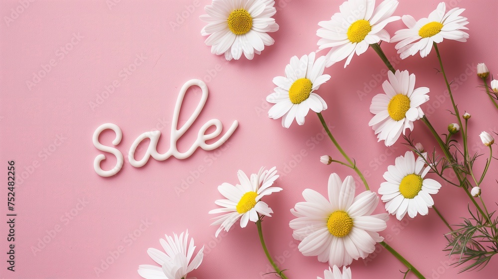 Na różowym tle widoczne są białe stokrotki wraz z napisem promocja SALE. Obraz prezentuje promocyjną ofertę sklepu lub biznesu. - obrazy, fototapety, plakaty 