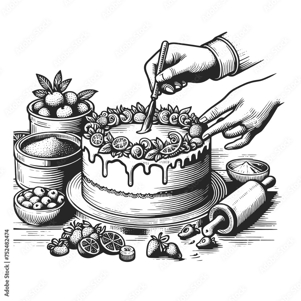 Cake baking hand-icing kitchen utensils and ingredients. Sketch line art engraving generative ai vector illustration. Scratch board imitation. Black and white image. - obrazy, fototapety, plakaty 