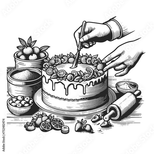 Cake baking hand-icing kitchen utensils and ingredients. Sketch line art engraving generative ai vector illustration. Scratch board imitation. Black and white image.