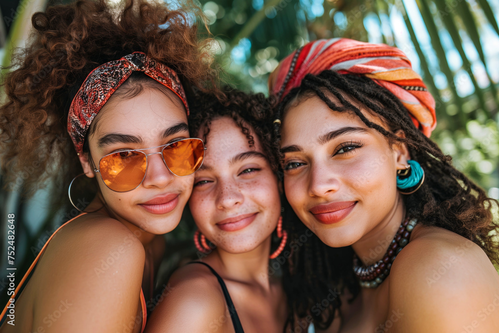 Fototapeta premium Tropical Friendship: Young Women with Headwraps and Sunglasses