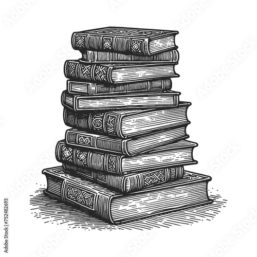 stack of antique hardcover books, depicting a love for literature and history sketch engraving generative ai vector illustration. Scratch board imitation. Black and white image.
