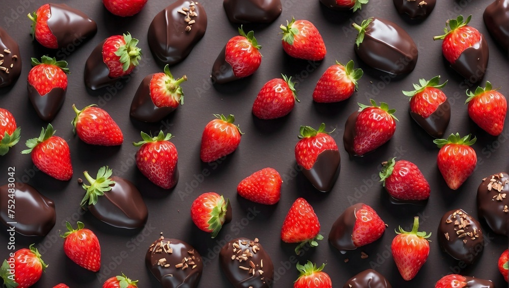 Strawberries on chocolate covered background, top view