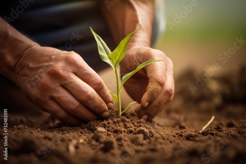 Close up shot of a farmer's hands carefully planting a young corn seedling in fertile soil, a testament to the nurturing of life
