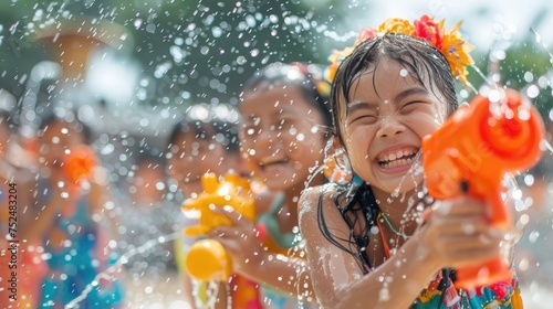 Laughing children engaged in playful water gun fun under the bright summer sun, splashes glistening in the air, Songkran.