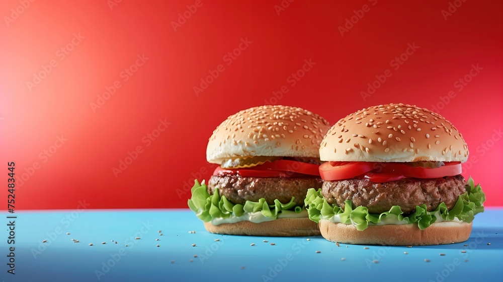 Dwa sezamowe Hamburgery z Sałatą i Pomidorem na Niebieskiej Powierzchni i czerwonym tle - obrazy, fototapety, plakaty 