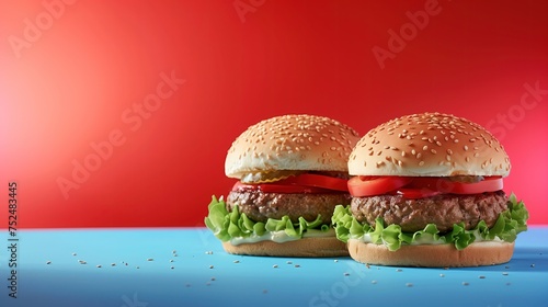 Dwa sezamowe Hamburgery z Sałatą i Pomidorem na Niebieskiej Powierzchni i czerwonym tle © Artur