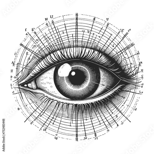 vintage human eye with overlaying diagram lines, illustrating ocular anatomy and geometry sketch engraving generative ai vector illustration. Scratch board imitation. Black and white image.